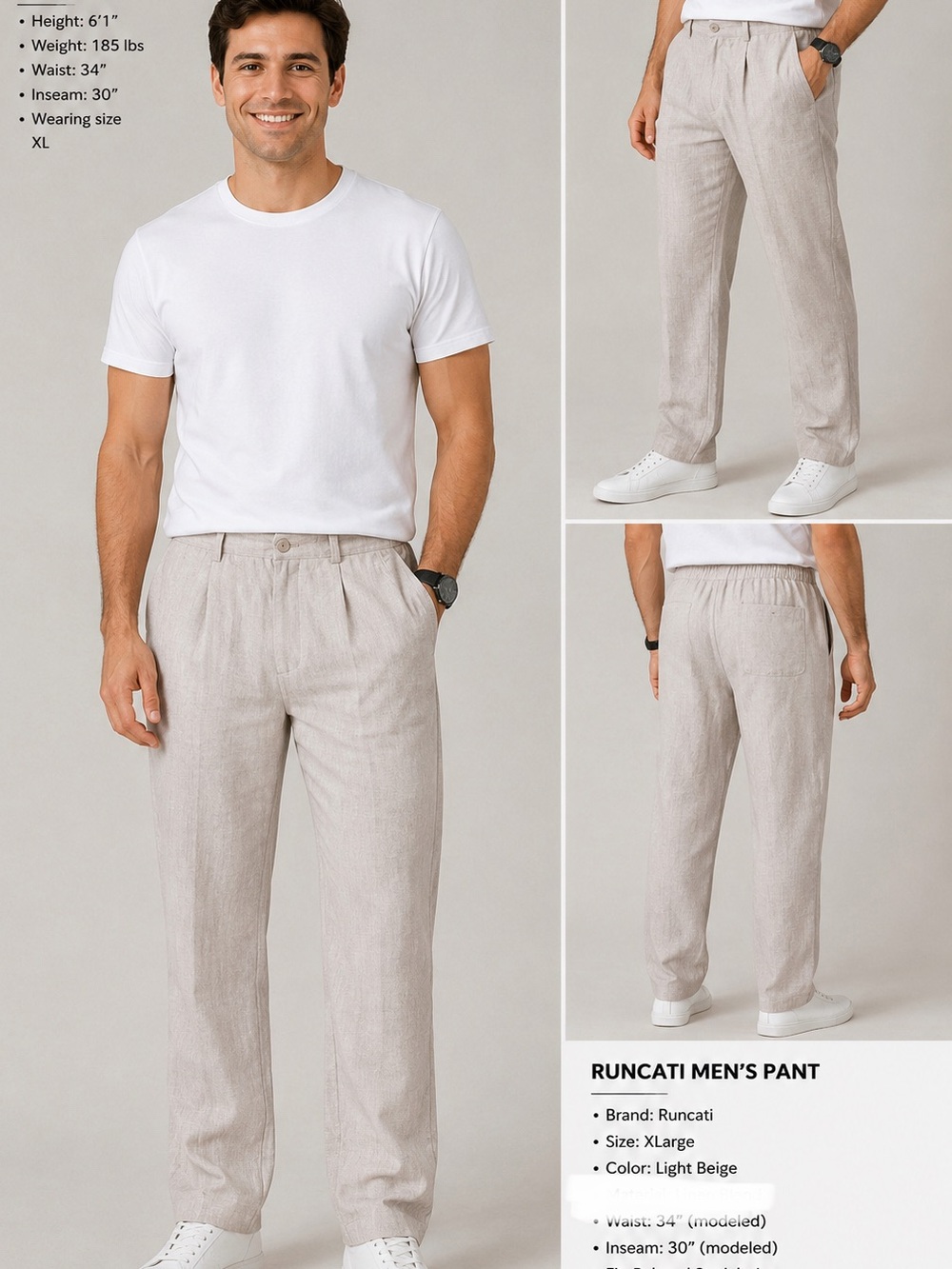 Runcati Pant Pleated Trousers Elastic Back Mens Size XL Lightweight Loose Fit